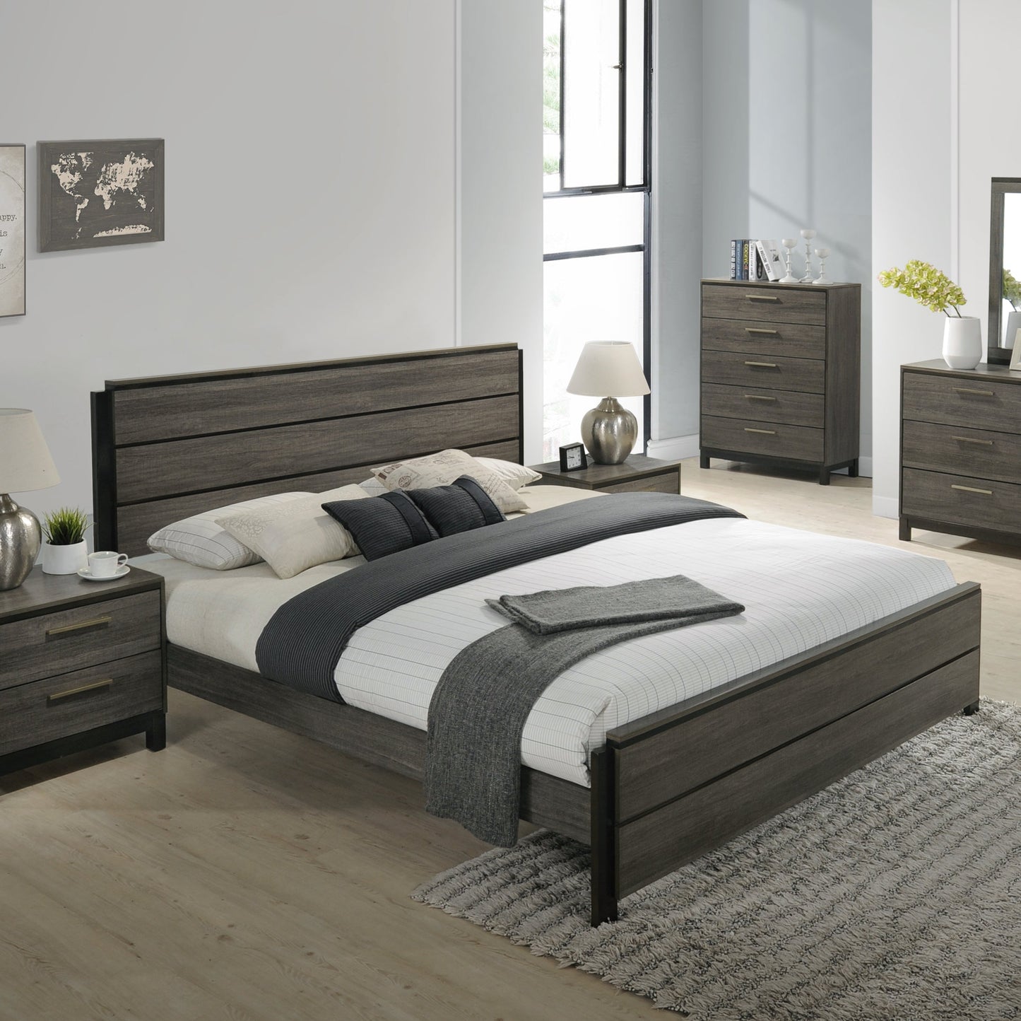 Ioana Contemporary Wood Panel Bed by HouseOfZazla in dark wood finish with slat panels on Tampa Home & Garden Store