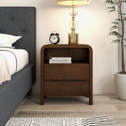 Brown solid-wood 2-drawer nightstand with brass lamp, clock and books on bedside shelf on Tampa Home & Garden Store