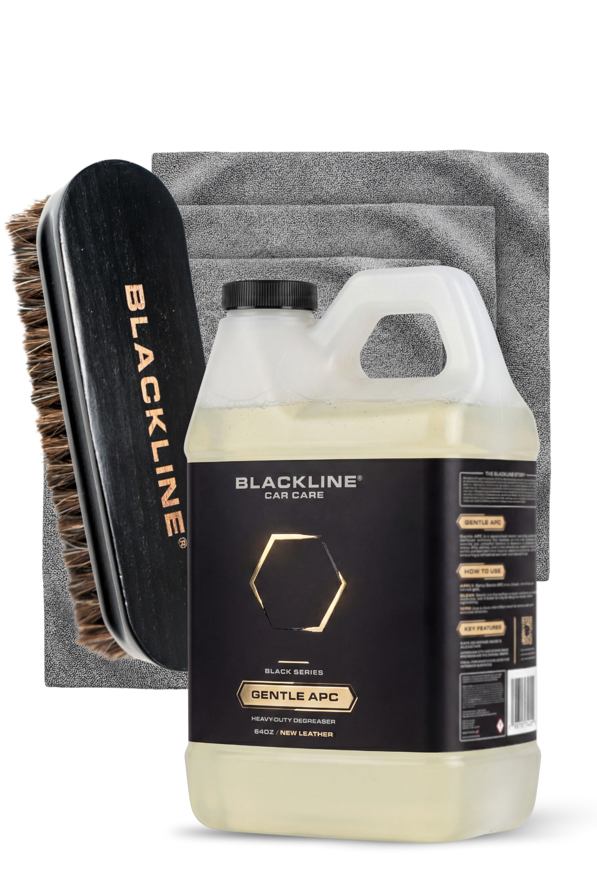 BLACKLINE Gentle APC all-purpose cleaner bottle with black car wash brush and three grey towels on Tampa Home & Garden Store