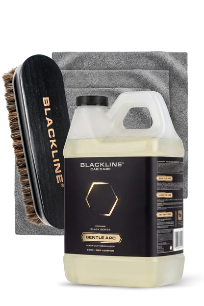BLACKLINE Gentle APC all-purpose cleaner bottle with black car wash brush and three grey towels on Tampa Home & Garden Store