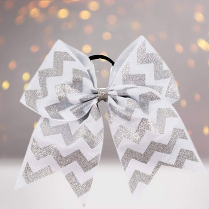 6.5in white grosgrain hair bow with silver glitter chevron pattern on black elastic on Tampa Home & Garden Store