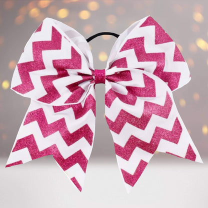 6.5in glitter chevron grosgrain hair bow in white with pink zigzag on a ponytail holder on Tampa Home & Garden Store