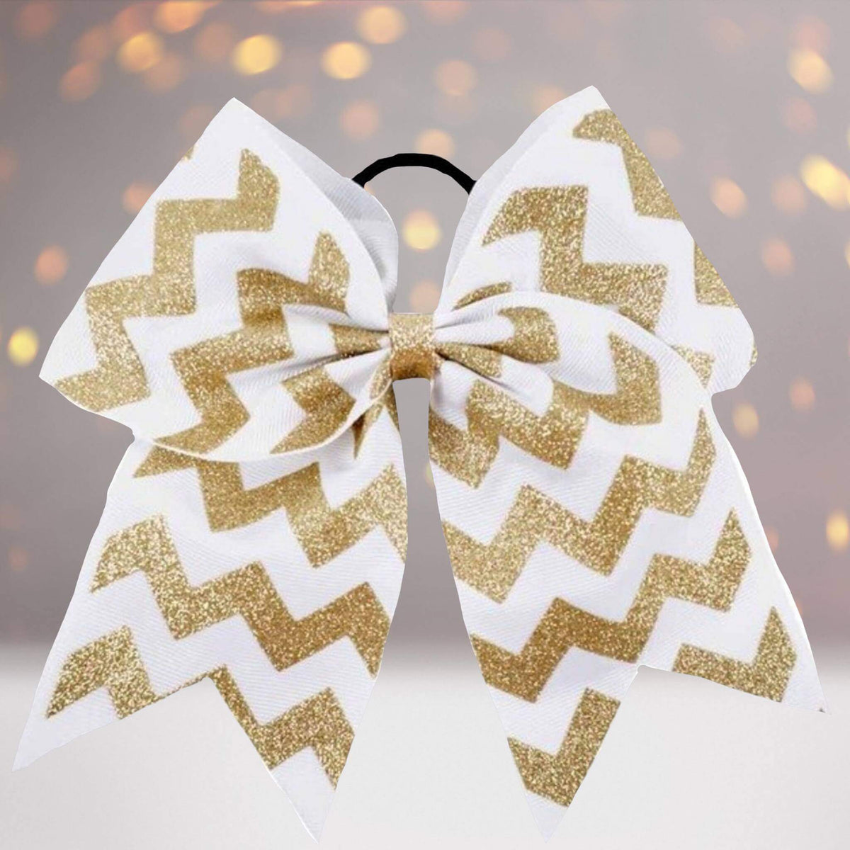 Two white grosgrain hair bows with gold glitter chevron pattern, 6.5-inch ponytail holders on Tampa Home & Garden Store
