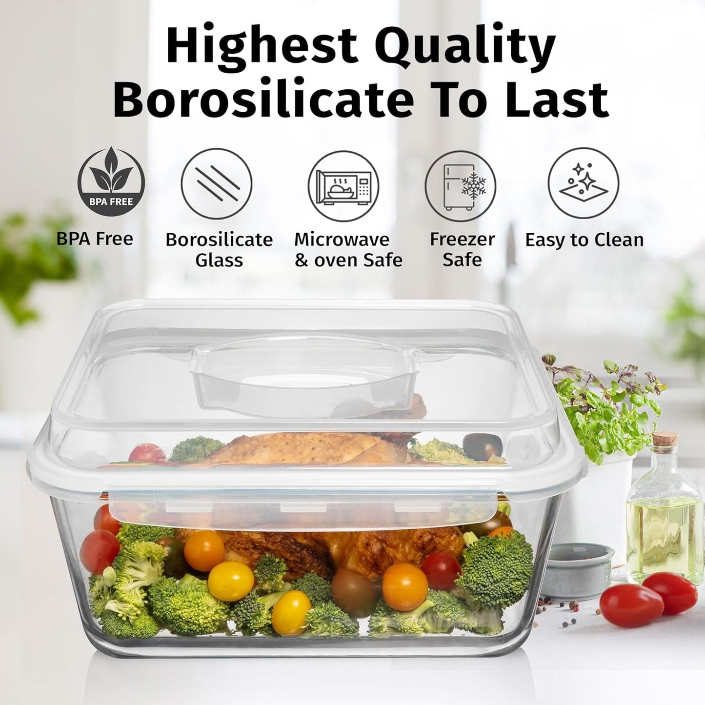 6500 ML / 220 Oz / 28 Cup LARGE Glass Food Storage Container with Airtight Locking Lid. Ideal Storing Food, Vegetables, Fruits. Baking Casserole, Lasagna, Roasting Turkey, Chicken BPA Free Oven Safe - Tampa Home & Garden Store