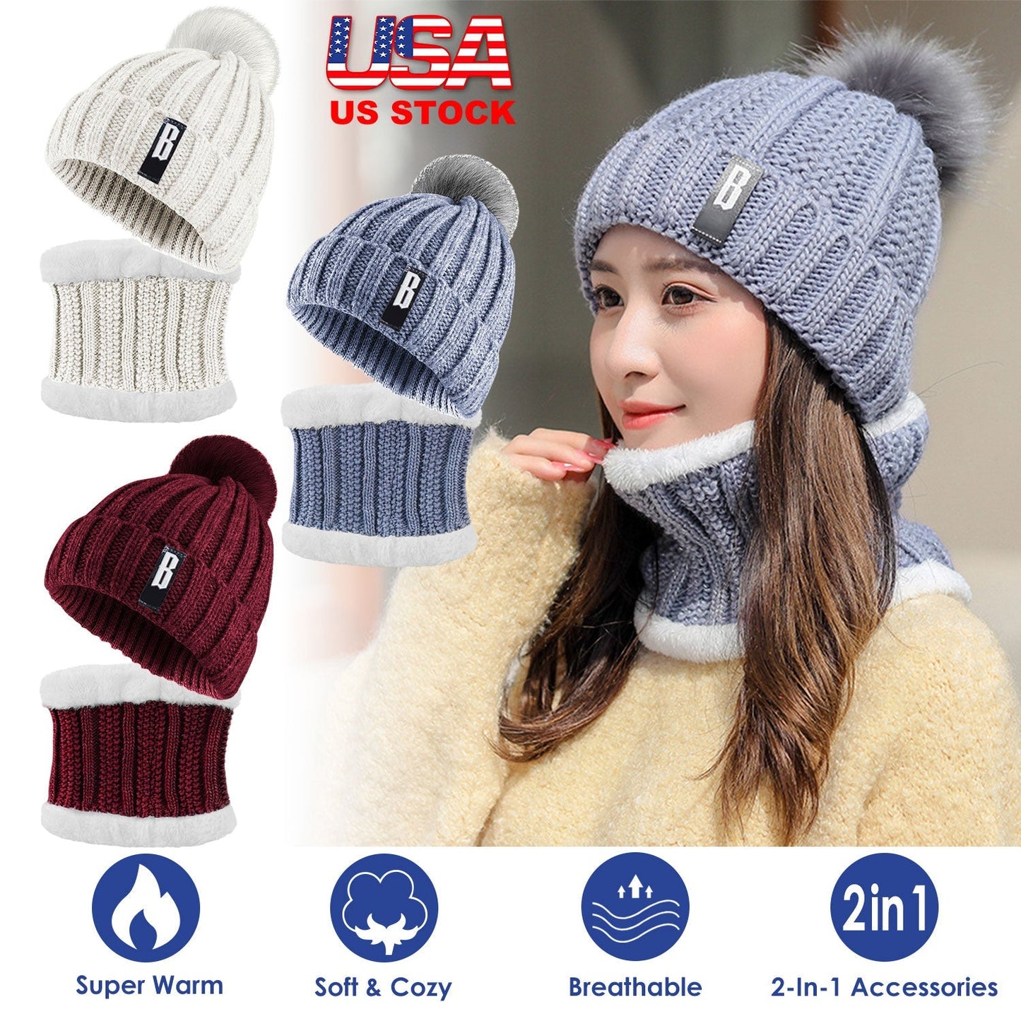 GemGear winter beanie hat scarf set for women in blue with faux fur pom and neck warmer on Tampa Home & Garden Store