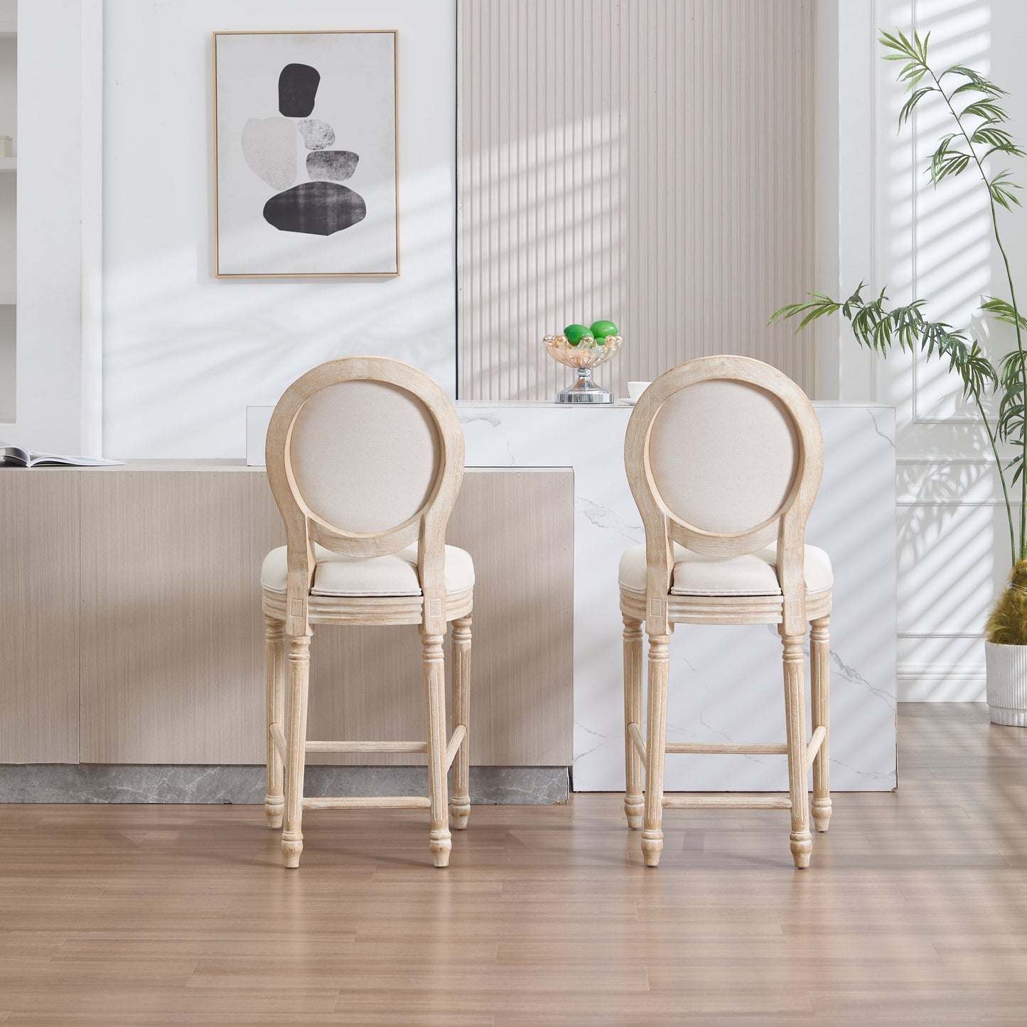 Bar Chairs set of 2 in natural wood with beige upholstery, French Country, HouseOfZazla on Tampa Home & Garden Store