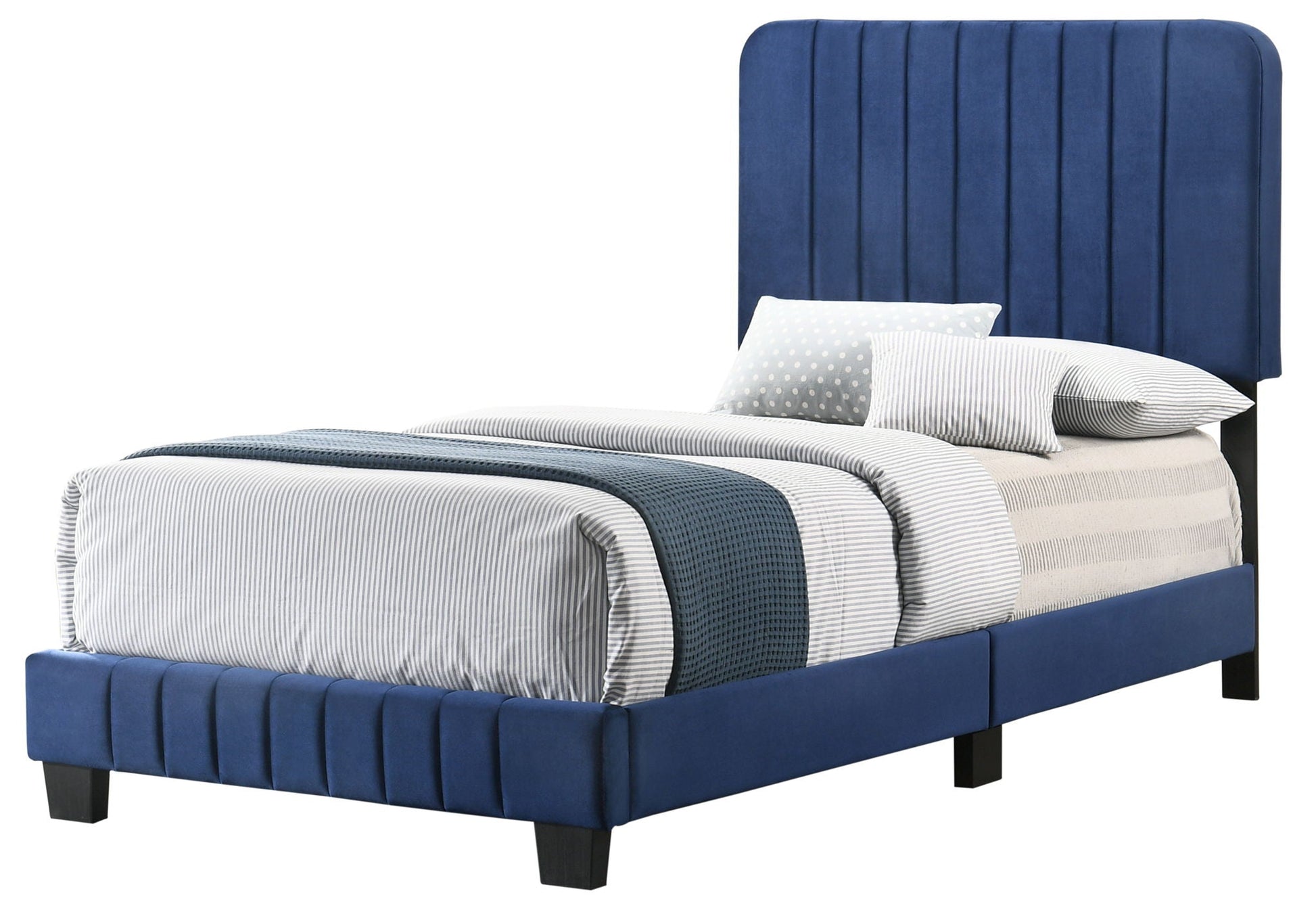 Channel Tufted Bed in blue velvet with vertical headboard tufting and dark legs by HouseOfZazla on Tampa Home & Garden Store