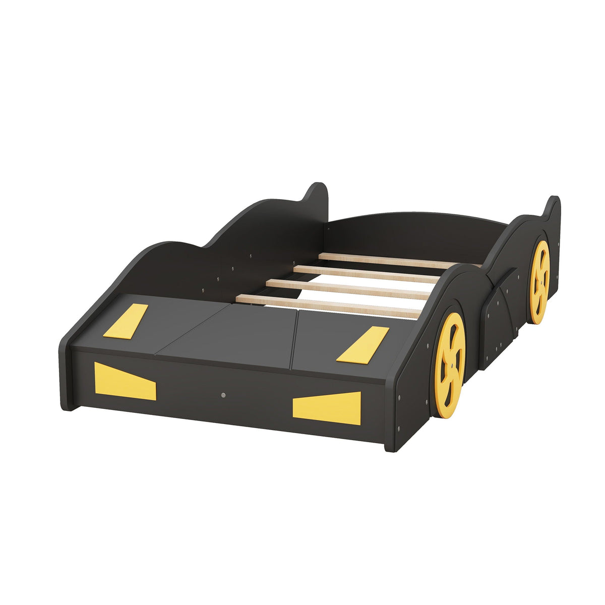 Race car shaped platform bed with wheels and storage, black with yellow accents, car bed on Tampa Home & Garden Store