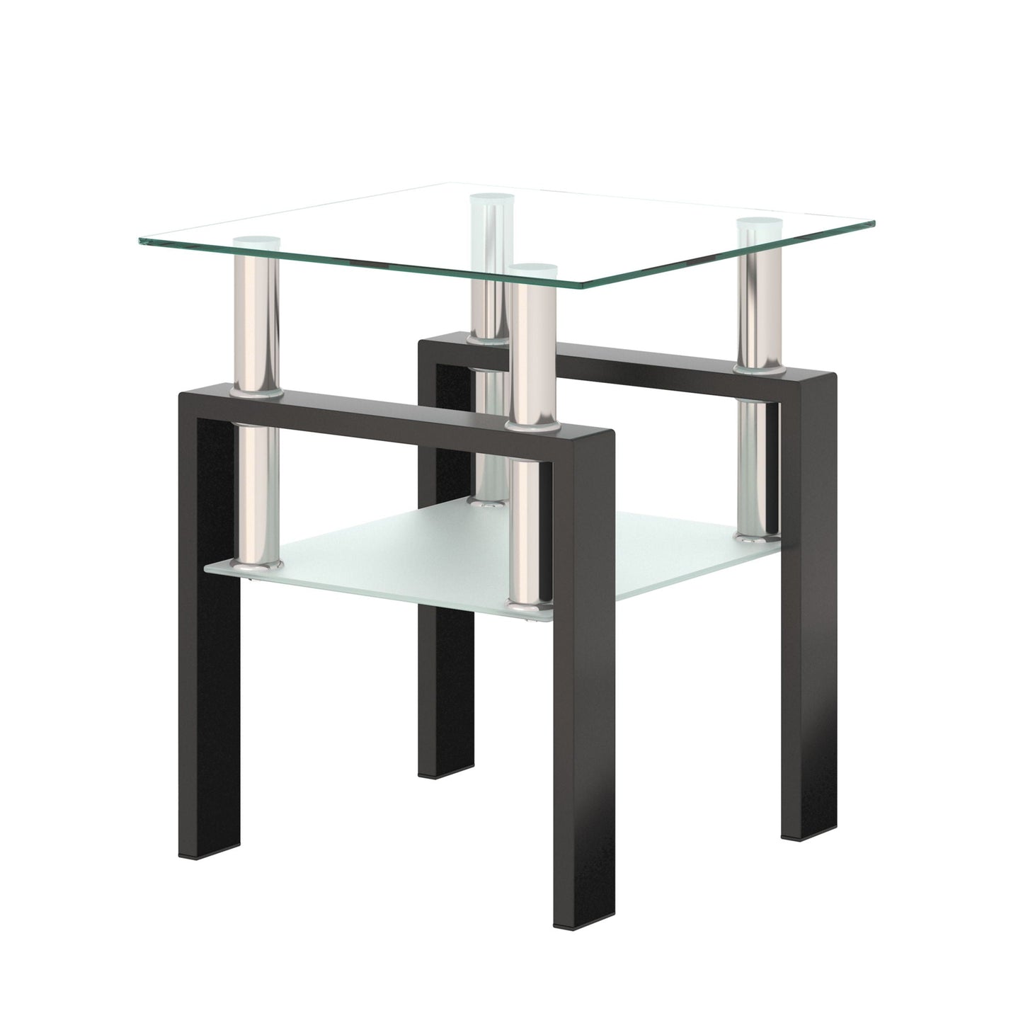 Modern tempered glass end table with square top and chrome cylindrical legs for living room on Tampa Home & Garden Store