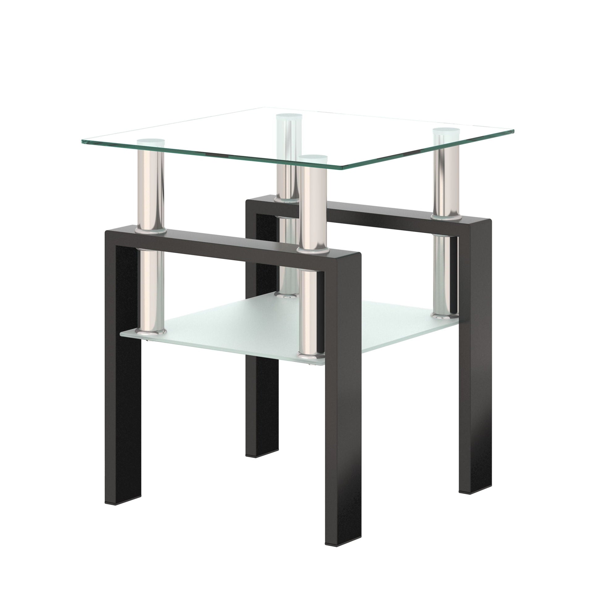 Modern tempered glass end table with square top and chrome cylindrical legs for living room on Tampa Home & Garden Store