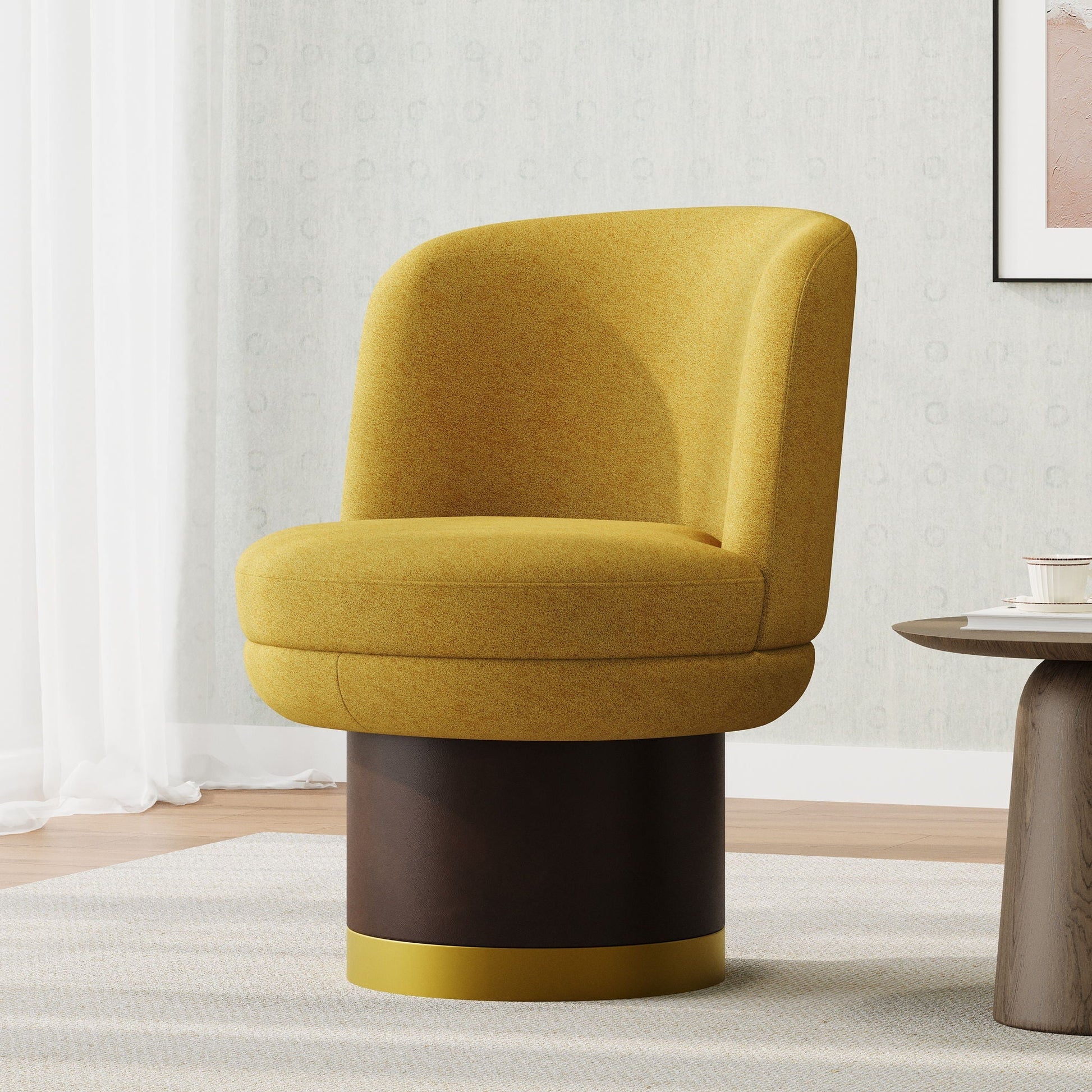 Round swivel accent chair in mustard yellow fabric with ergonomic backrest by HouseOfZazla on Tampa Home & Garden Store