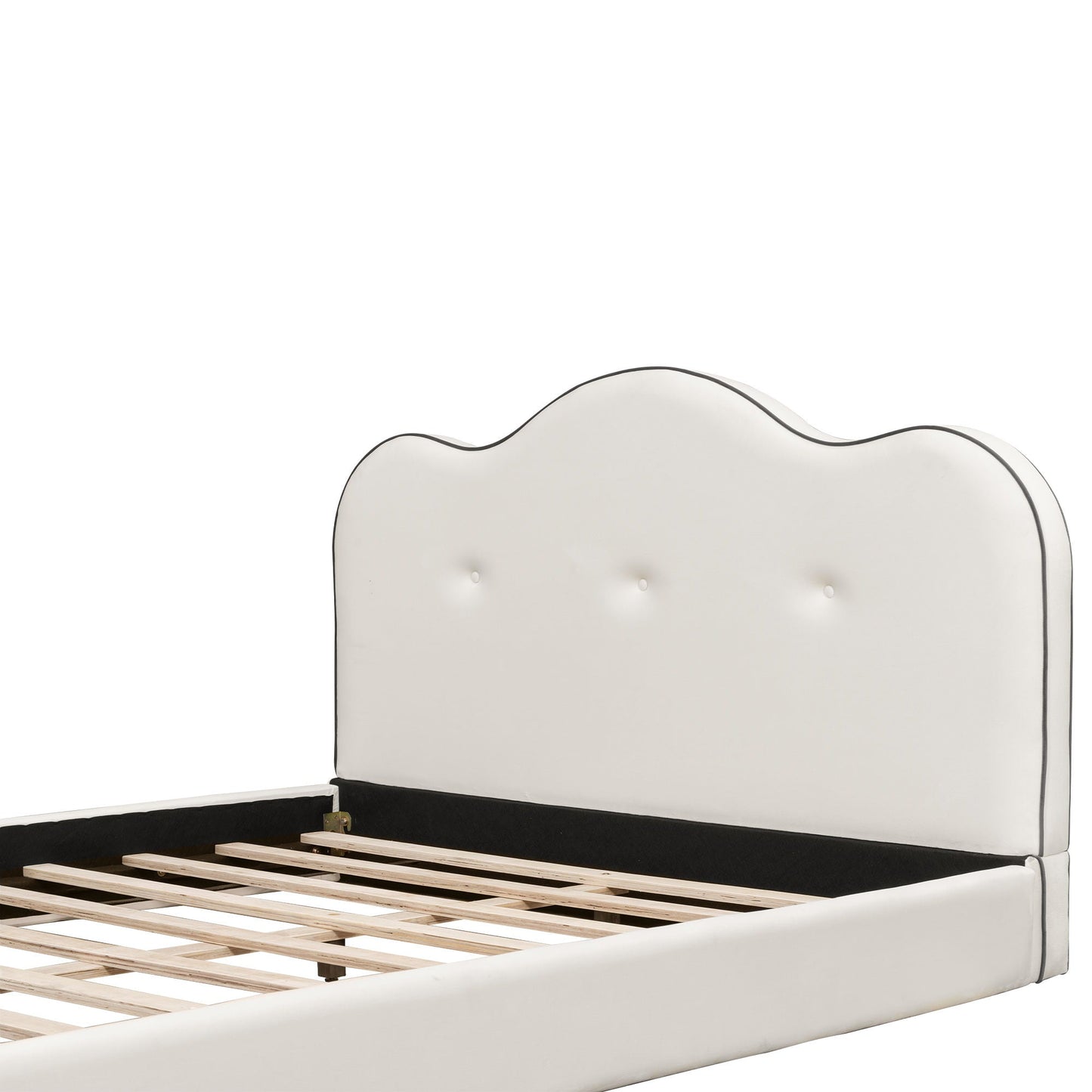 Upholstered platform bed with tufted white headboard and black piping HouseOfZazla on Tampa Home & Garden Store