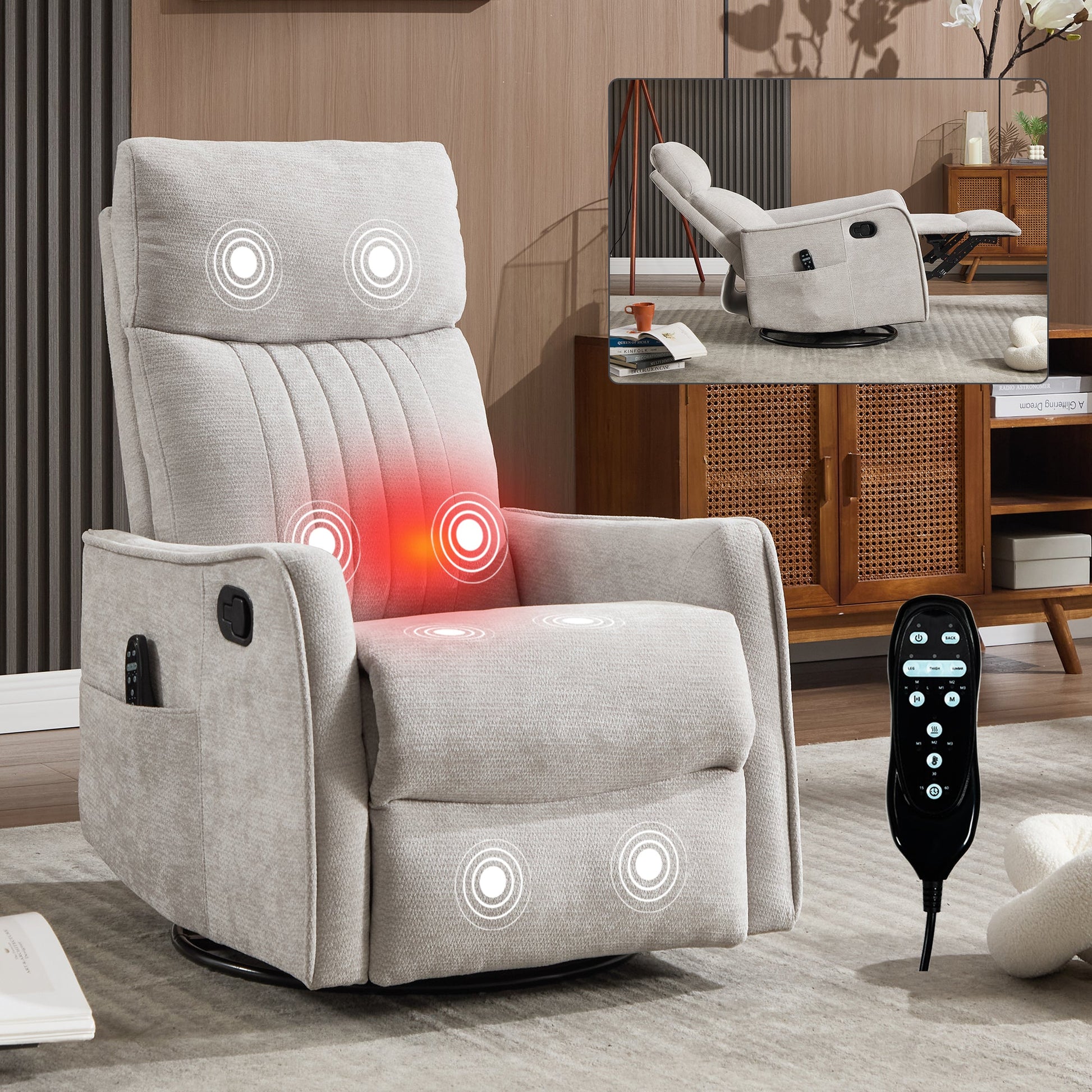 Comfortmax Swivel and Rocking Recliner in gray fabric with remote pocket and massage features on Tampa Home & Garden Store