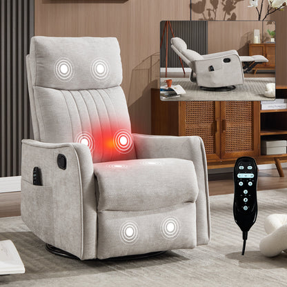Comfortmax Swivel and Rocking Recliner in gray fabric with remote pocket and massage features on Tampa Home & Garden Store