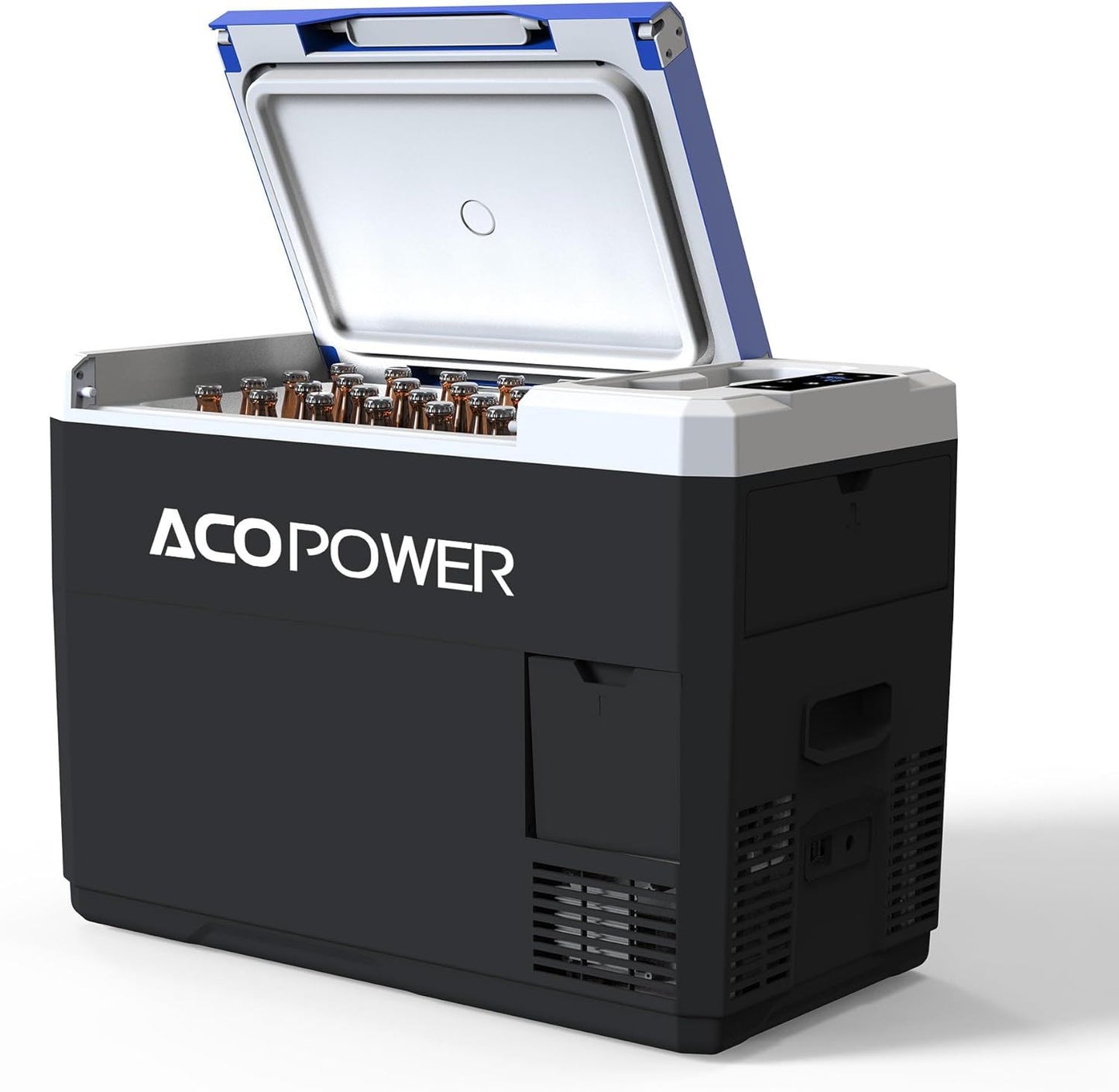 ACOPOWER portable car freezer with blue lid open to bottles, 12V cooler for RVs with app control on Tampa Home & Garden Store