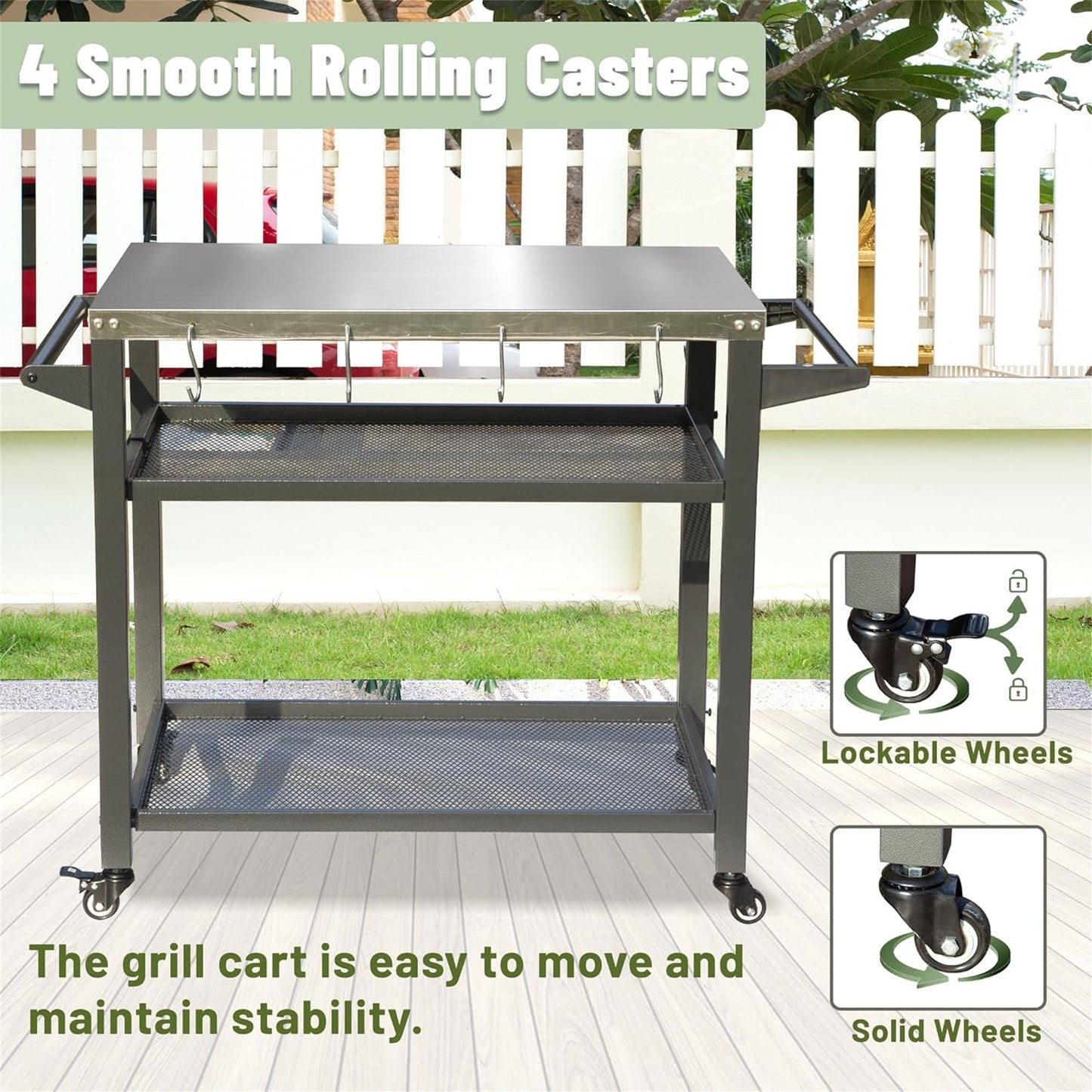 Stainless 3 Shelf Grill Table with Wheels