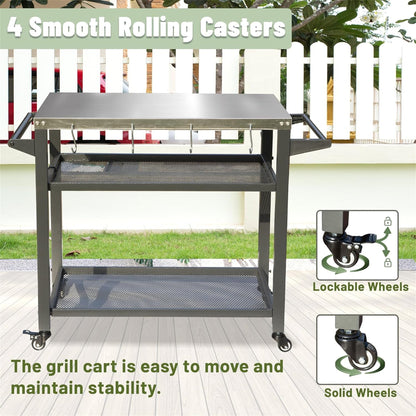Stainless 3 Shelf Grill Table with Wheels