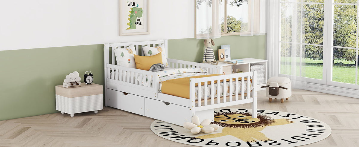 Platform bed with guardrails on both sides and two storage drawers in white HouseOfZazla on Tampa Home & Garden Store