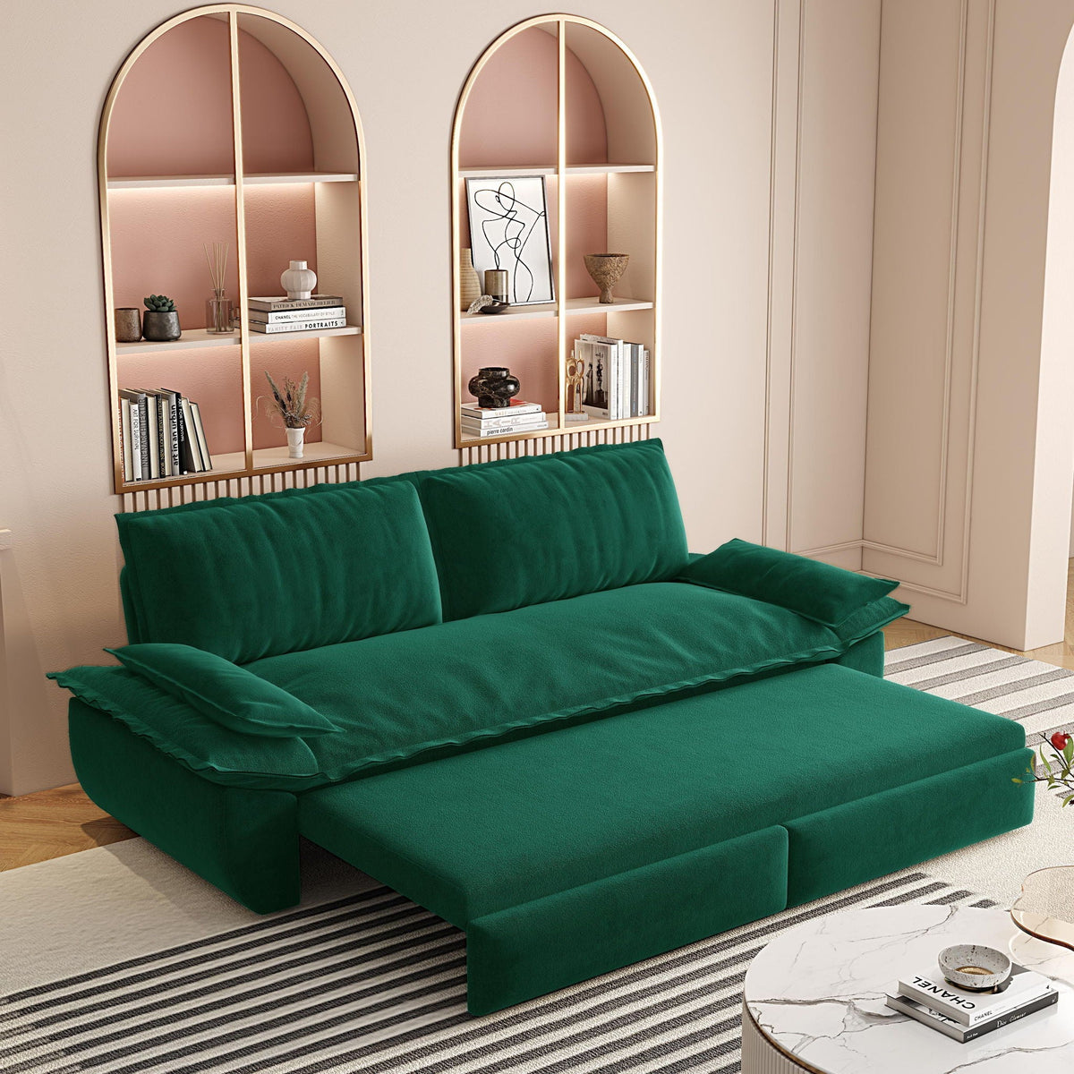 Queen Pull Out Sofa Bed by HouseOfZazla in green upholstery under pink arched shelving on Tampa Home & Garden Store