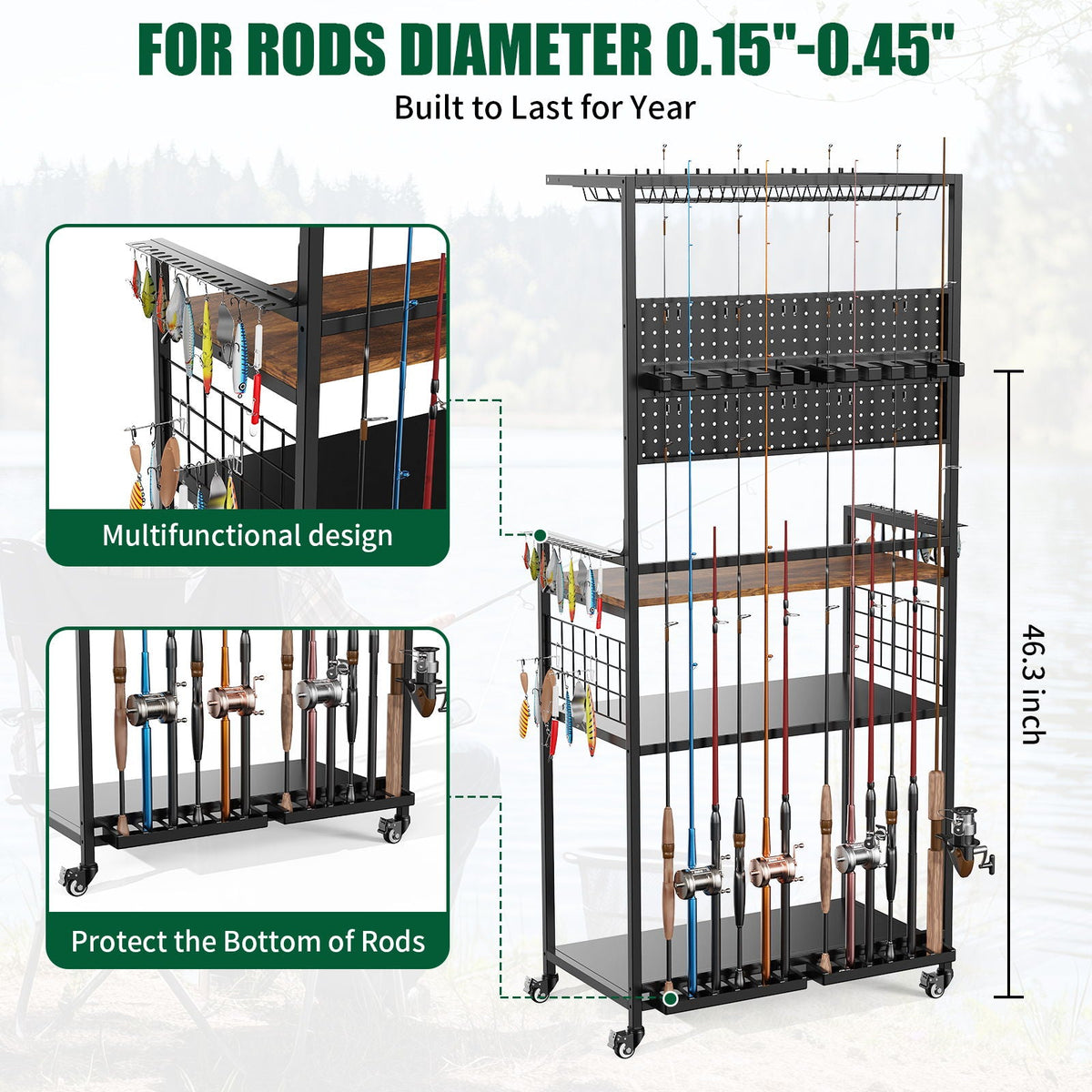 Fishing Rod Storage Rack with Pegboard Cart by HouseOfZazla, black metal wheeled cabinet on Tampa Home & Garden Store