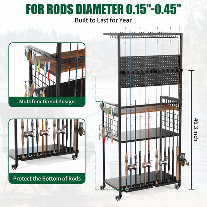 Fishing Rod Storage Rack with Pegboard Cart by HouseOfZazla, black metal wheeled cabinet on Tampa Home & Garden Store