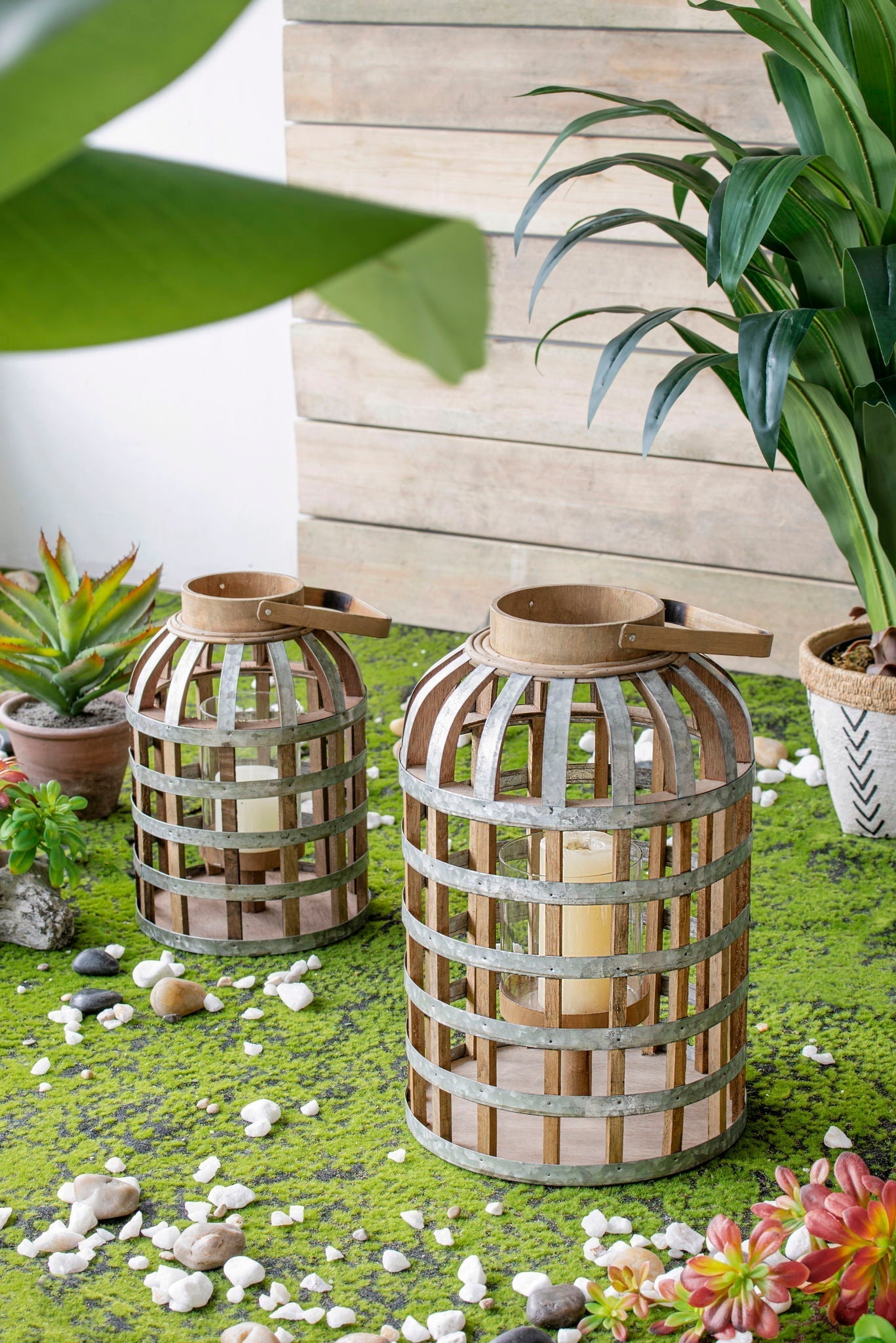 Two wooden lanterns with handles and metal bands for indoor outdoor use HouseOfZazla on Tampa Home & Garden Store
