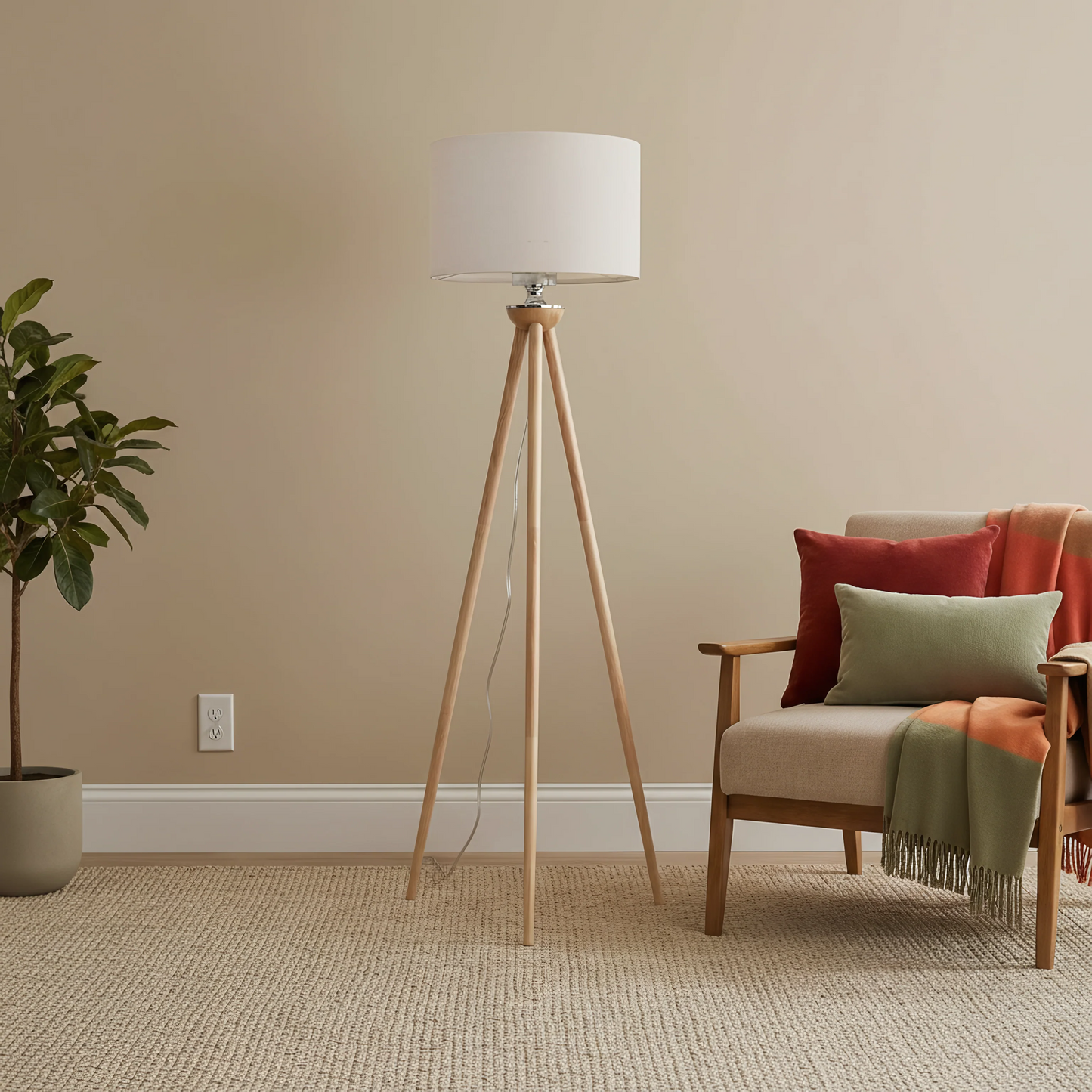 Tall Corner Floor Lamp with white drum shade and natural wood tripod legs on Tampa Home & Garden Store
