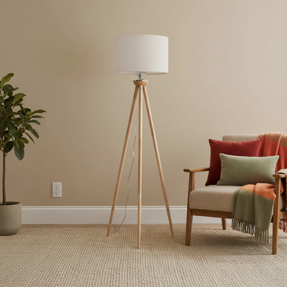 Tall Corner Floor Lamp with white drum shade and natural wood tripod legs on Tampa Home & Garden Store