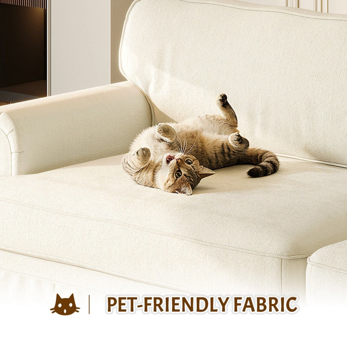 Comfortable Cloud Sofa with rolled arms in cream pet-friendly fabric by HouseOfZazla on Tampa Home & Garden Store