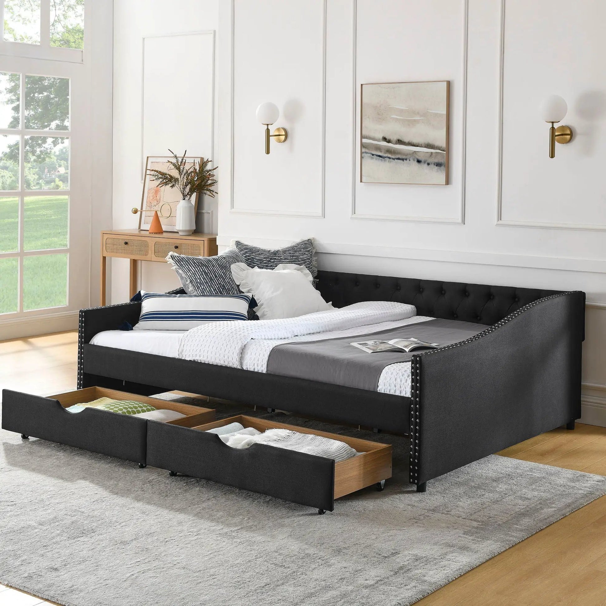 Pair of upholstered tufted daybeds with 2 built-in drawers and waved arms, black fabric on Tampa Home & Garden Store