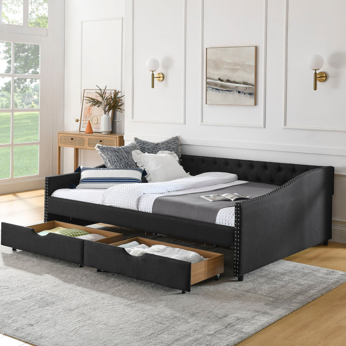 Upholstered Tufted Daybed with Storage Drawers