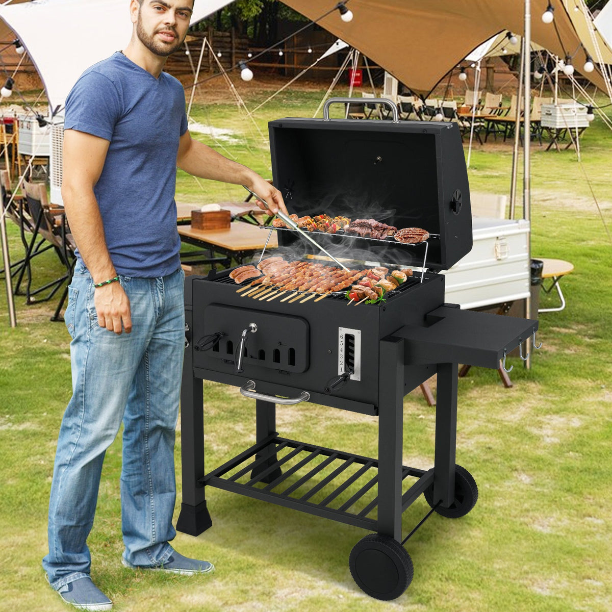 DirectDeals 24-Inch barrel charcoal grill with 2 folding side tables, 544 sq in cooking area on wheels on Tampa Home & Garden Store