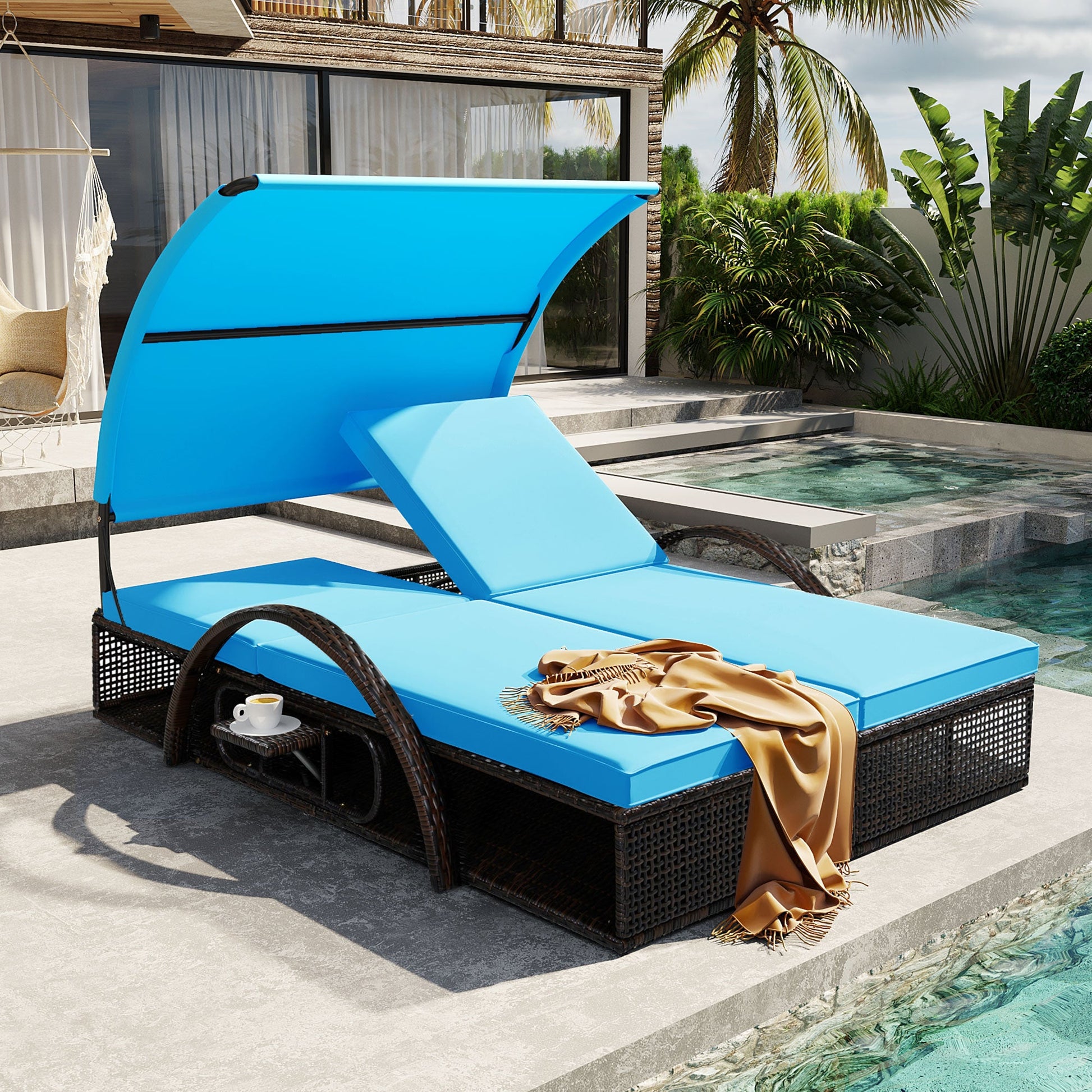 U_STYLE outdoor steel-frame sun lounger with adjustable backrest in blue cushions by pool on Tampa Home & Garden Store