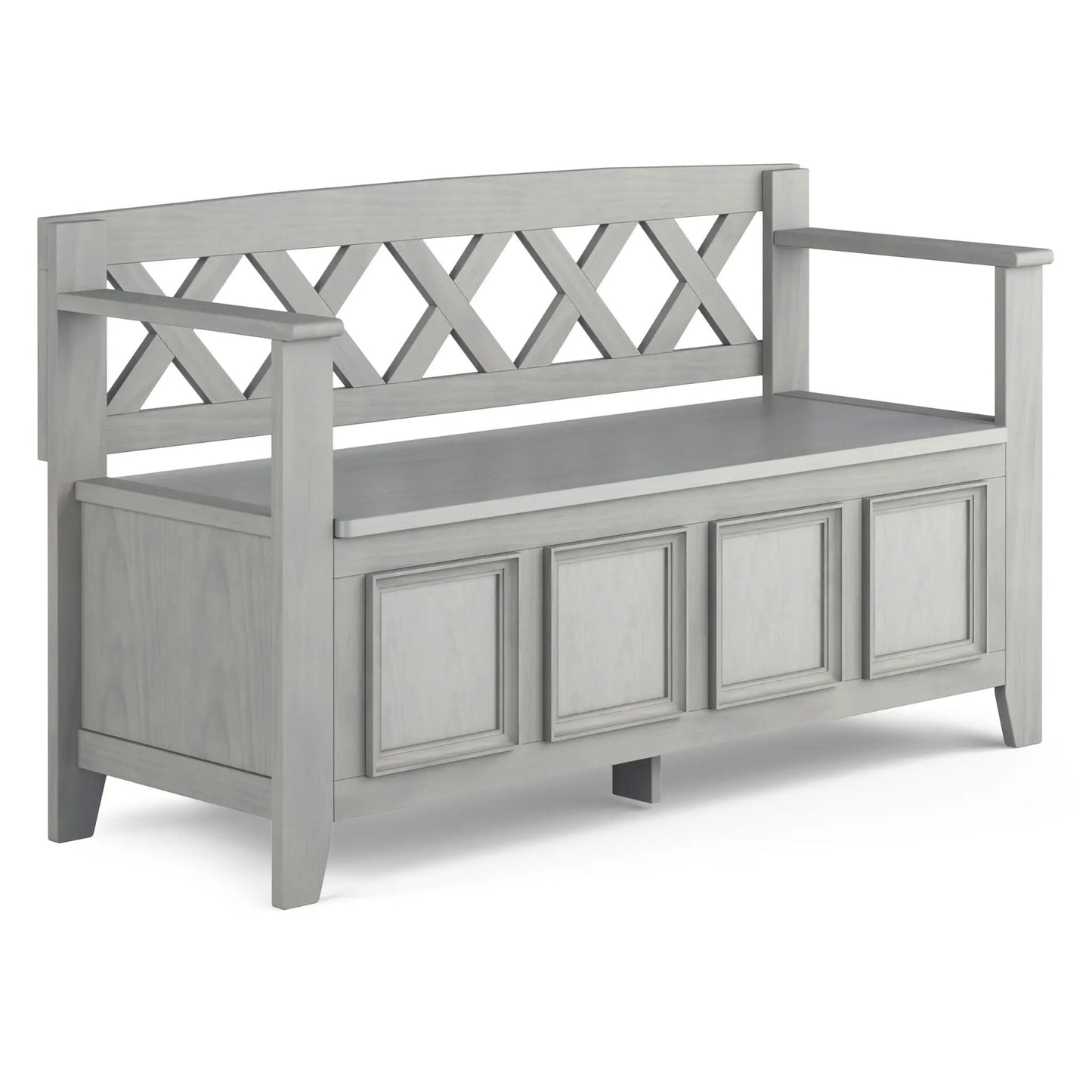 Amherst Handcrafted Entryway Storage Bench with lattice back in graywash wood finish on Tampa Home & Garden Store