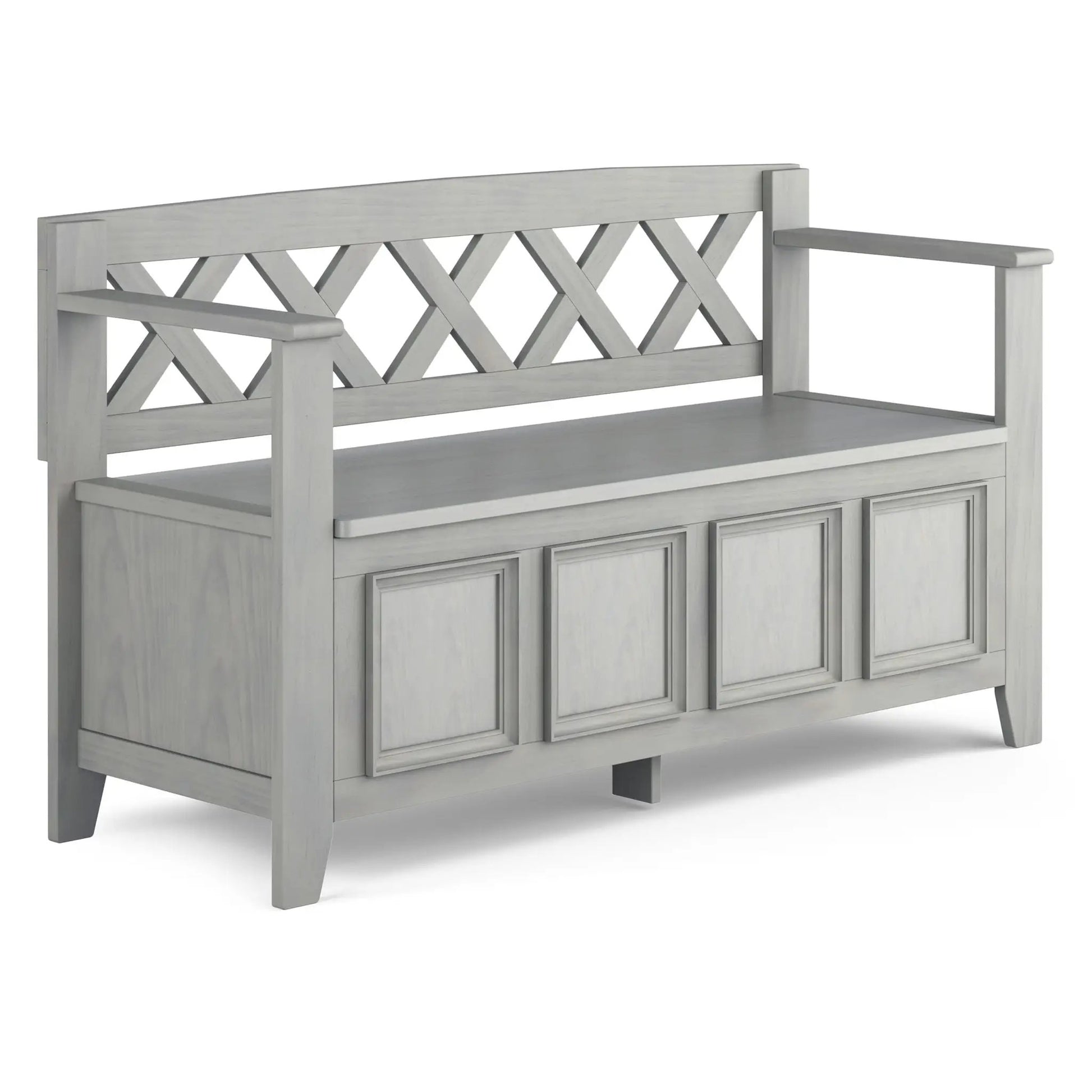 Amherst Handcrafted Entryway Storage Bench with lattice back in graywash wood finish on Tampa Home & Garden Store