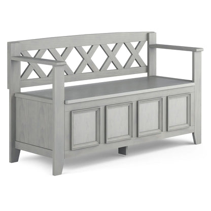 Amherst Handcrafted Entryway Storage Bench with lattice back in graywash wood finish on Tampa Home & Garden Store