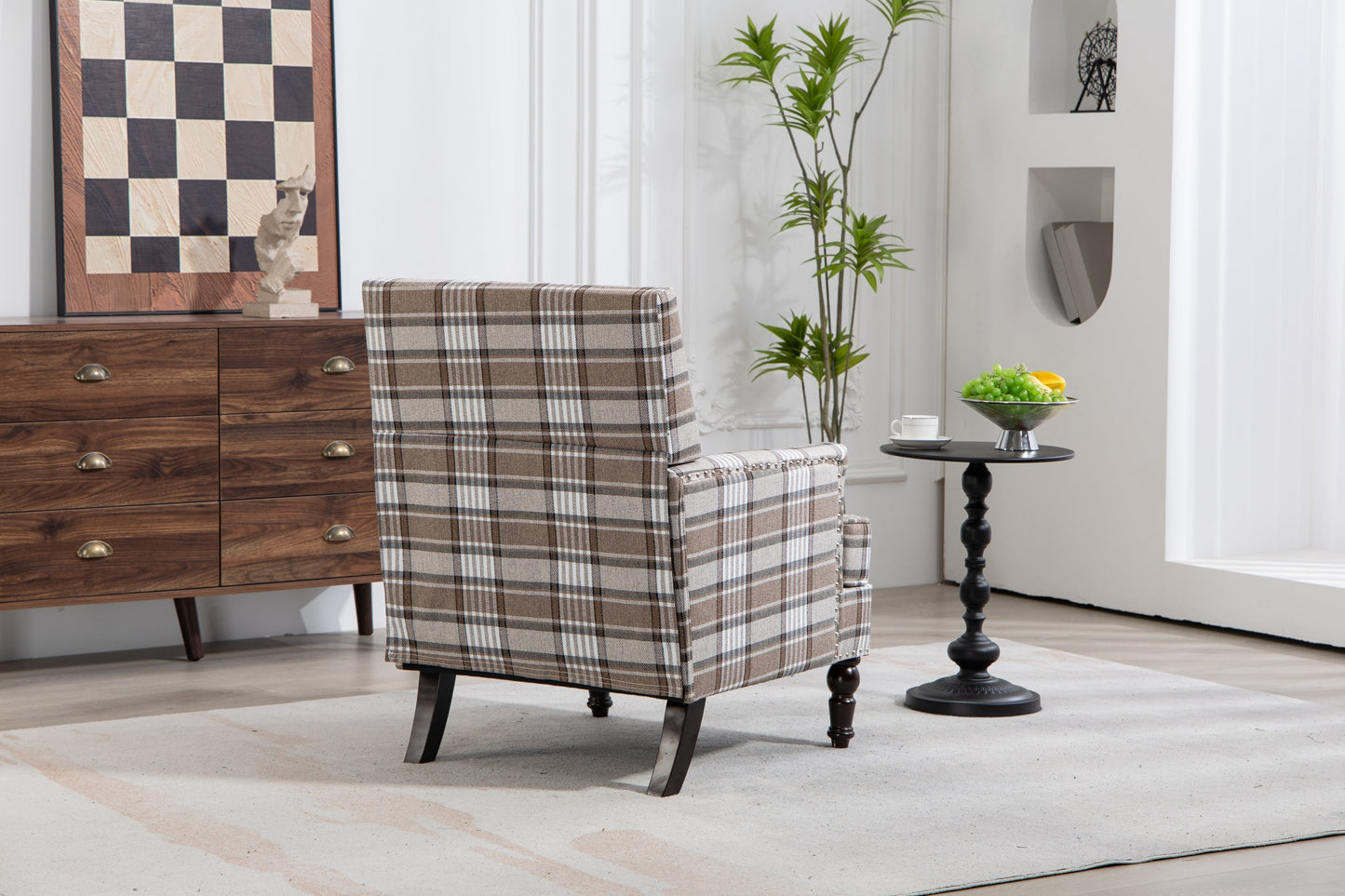 Upholstered Accent Chair brown plaid linen upholstery with nailhead trim, HouseOfZazla on Tampa Home & Garden Store