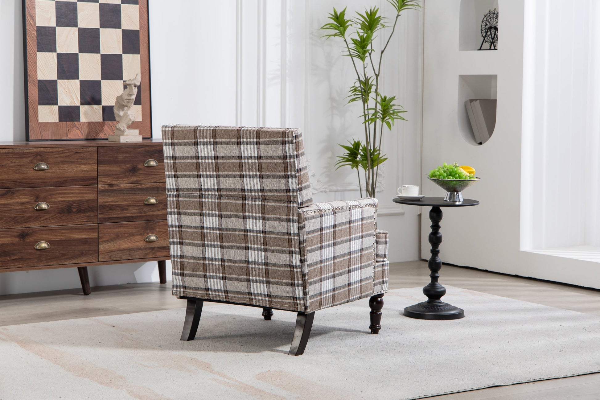 Upholstered Accent Chair brown plaid linen upholstery with nailhead trim, HouseOfZazla on Tampa Home & Garden Store