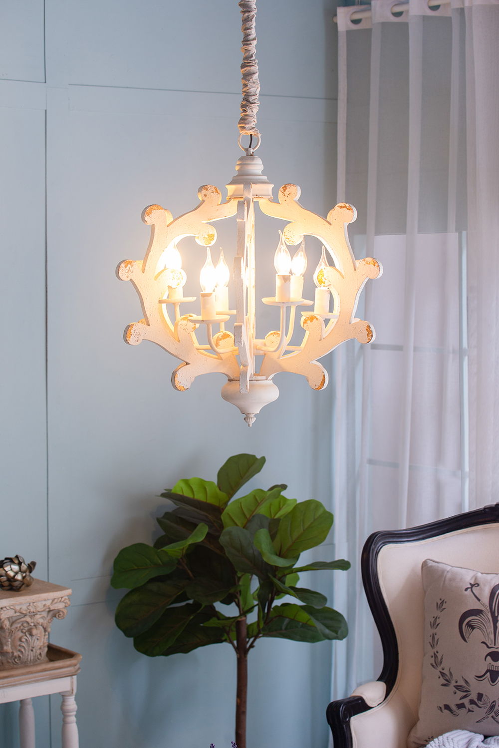 6-light white chandelier with frame and candle bulbs, adjustable chain HouseOfZazla on Tampa Home & Garden Store
