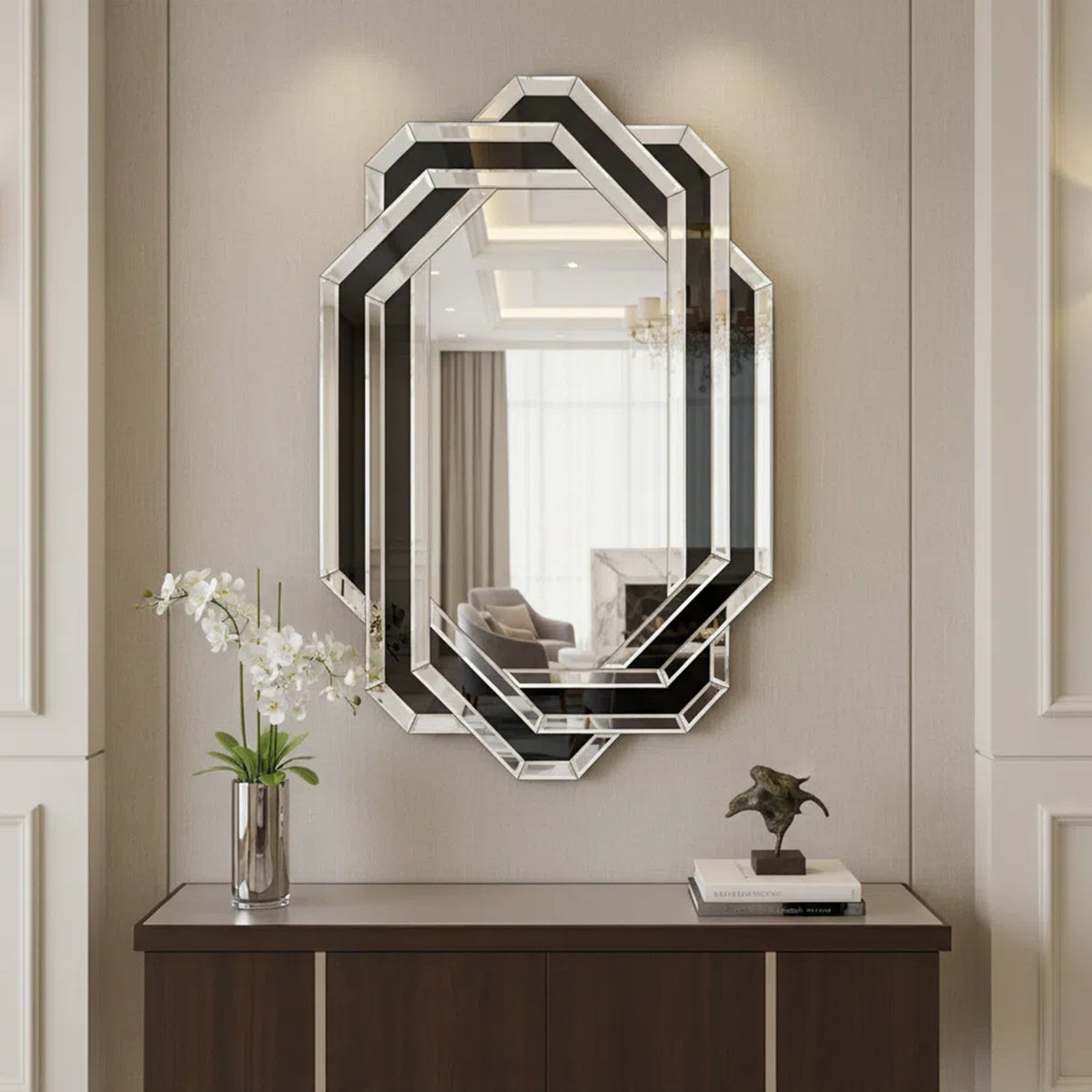 Wall mirror by HouseOfZazla with chrome black octagon frames for bathroom vanity on Tampa Home & Garden Store