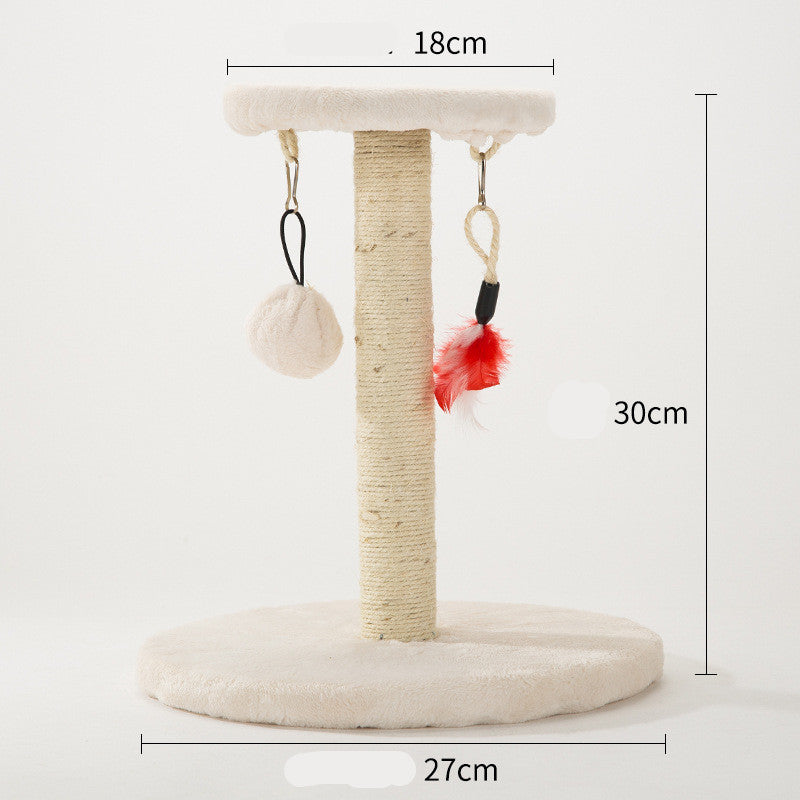 Detachable cat toy for scratching on a beige sisal cat tree with plush base and hanging toys on Tampa Home & Garden Store