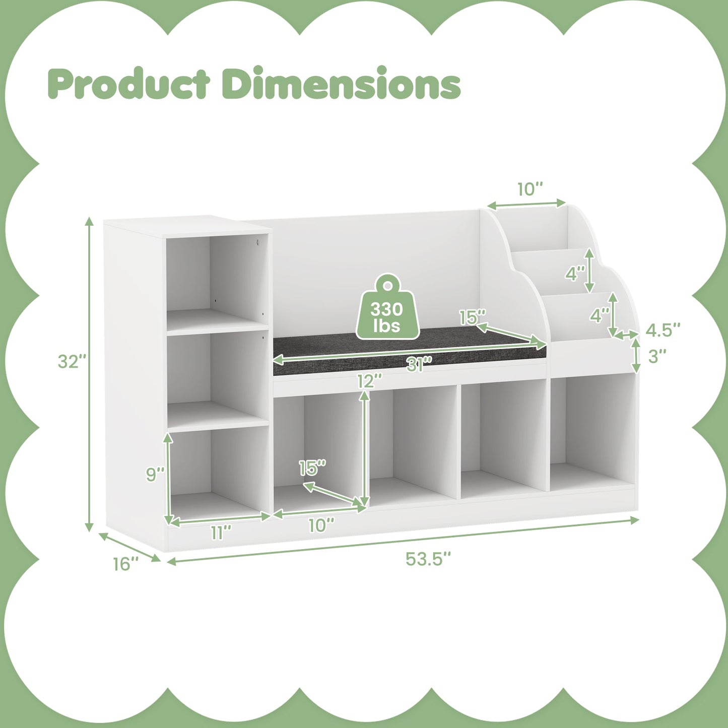 Kids Bookcase with Reading Nook 3-in-1 Standing Toy Organizer-White