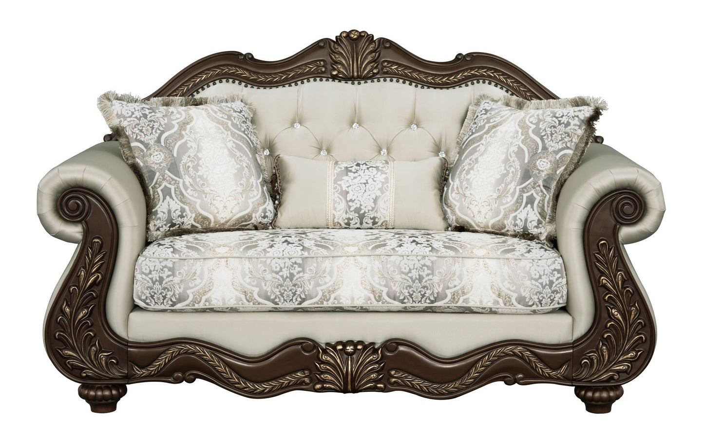Pierce Loveseat with 3 Pillows beige upholstery and dark cherry carved wood frame on Tampa Home & Garden Store