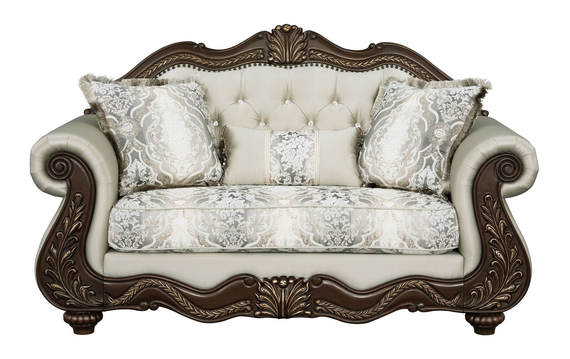 Pierce Loveseat with 3 Pillows beige upholstery and dark cherry carved wood frame on Tampa Home & Garden Store