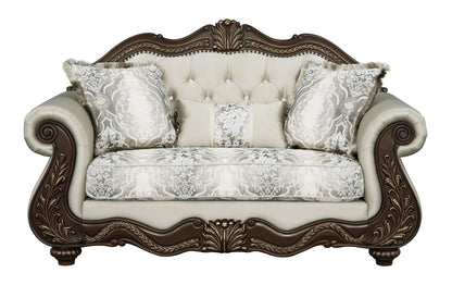 Pierce Loveseat with 3 Pillows beige upholstery and dark cherry carved wood frame on Tampa Home & Garden Store