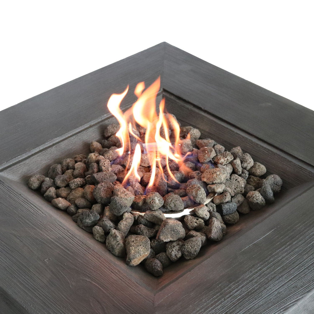 Charcoal fiber reinforced fire pit table with lava rock fill and 40,000 BTU output on Tampa Home & Garden Store