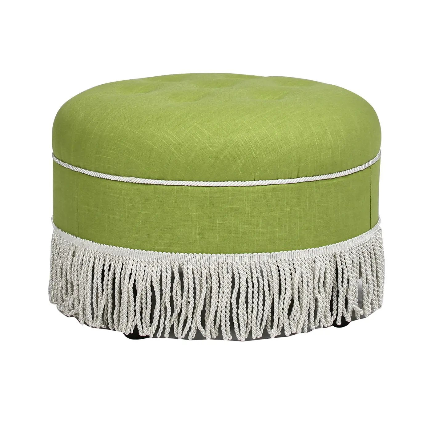 Yolanda Round Upholstered Ottoman in lime-green fabric with white fringe by Unique Piece on Tampa Home & Garden Store