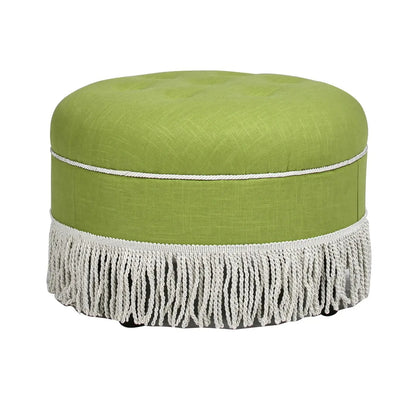 Yolanda Round Upholstered Ottoman in lime-green fabric with white fringe by Unique Piece on Tampa Home & Garden Store