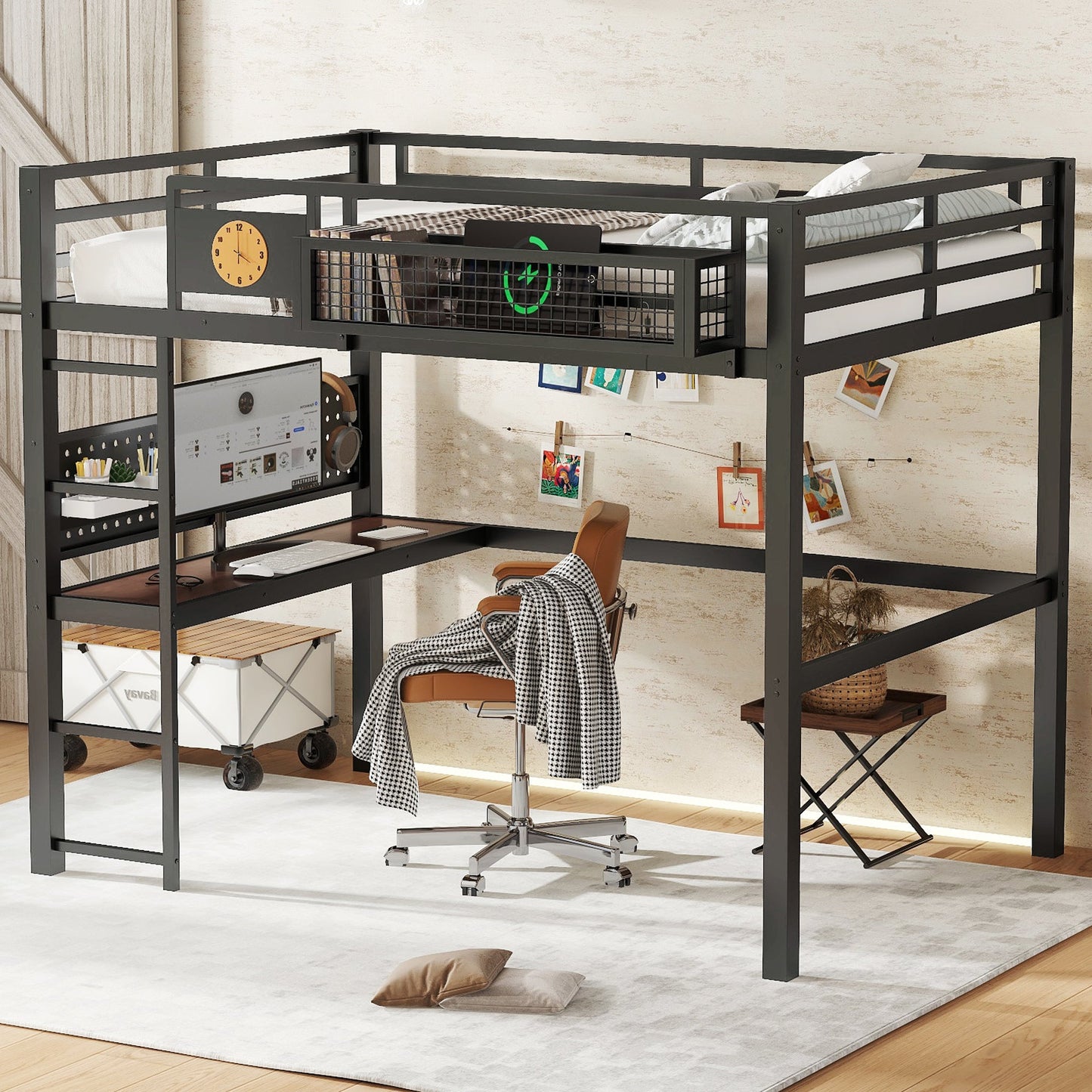 Metal Loft Bed with Desk and Charging Port