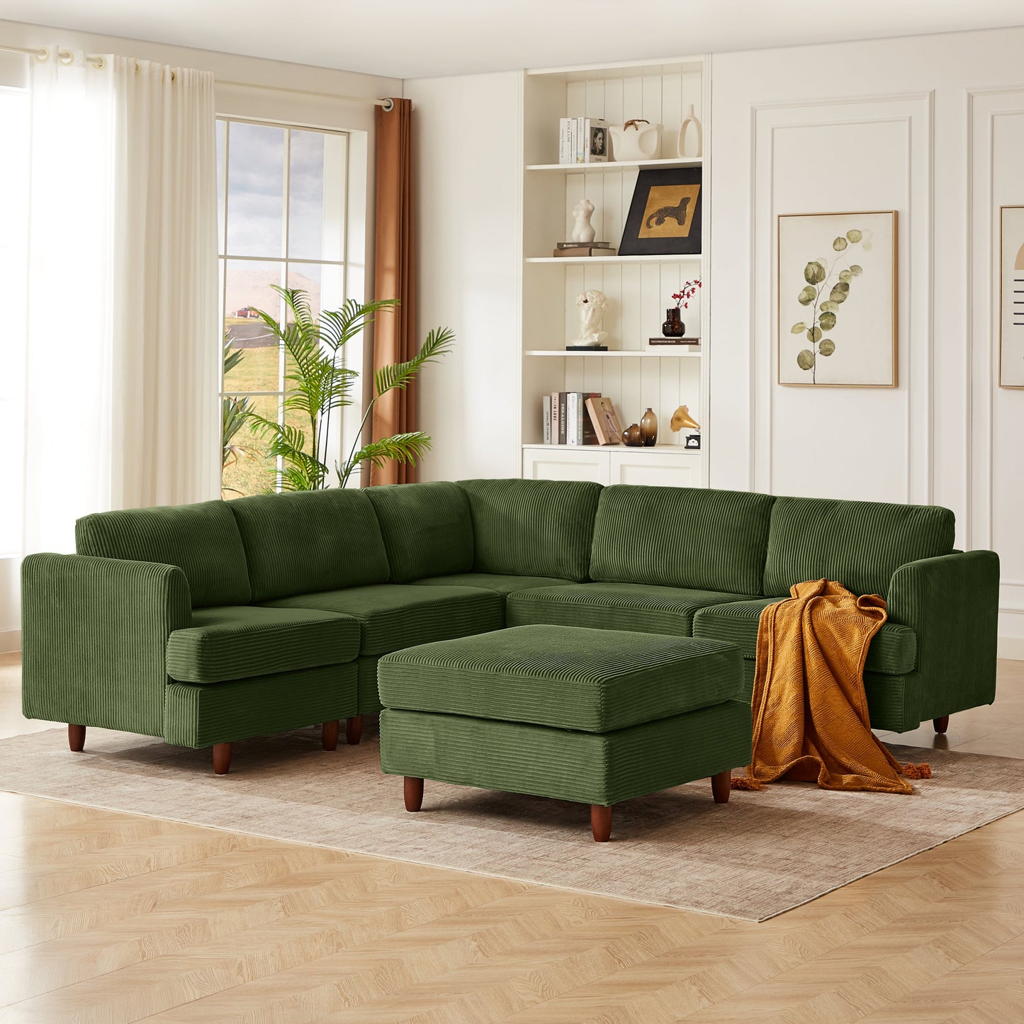 HouseOfZazla Modern Modular Sectional Couch in emerald green corduroy with ottoman on Tampa Home & Garden Store